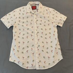 Cactus Man Shirt Mens Medium White Flamingo Palm Tree Print Button Up Holiday